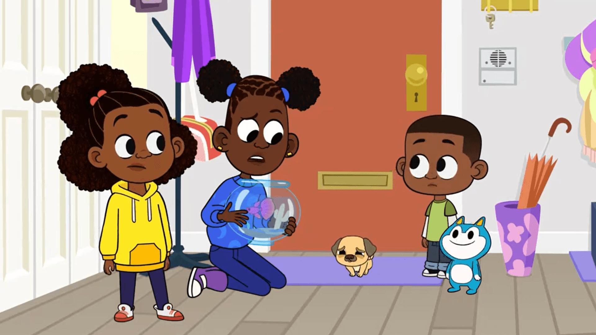 Lyla and Luke problem-solve how to take their found puppy outside.