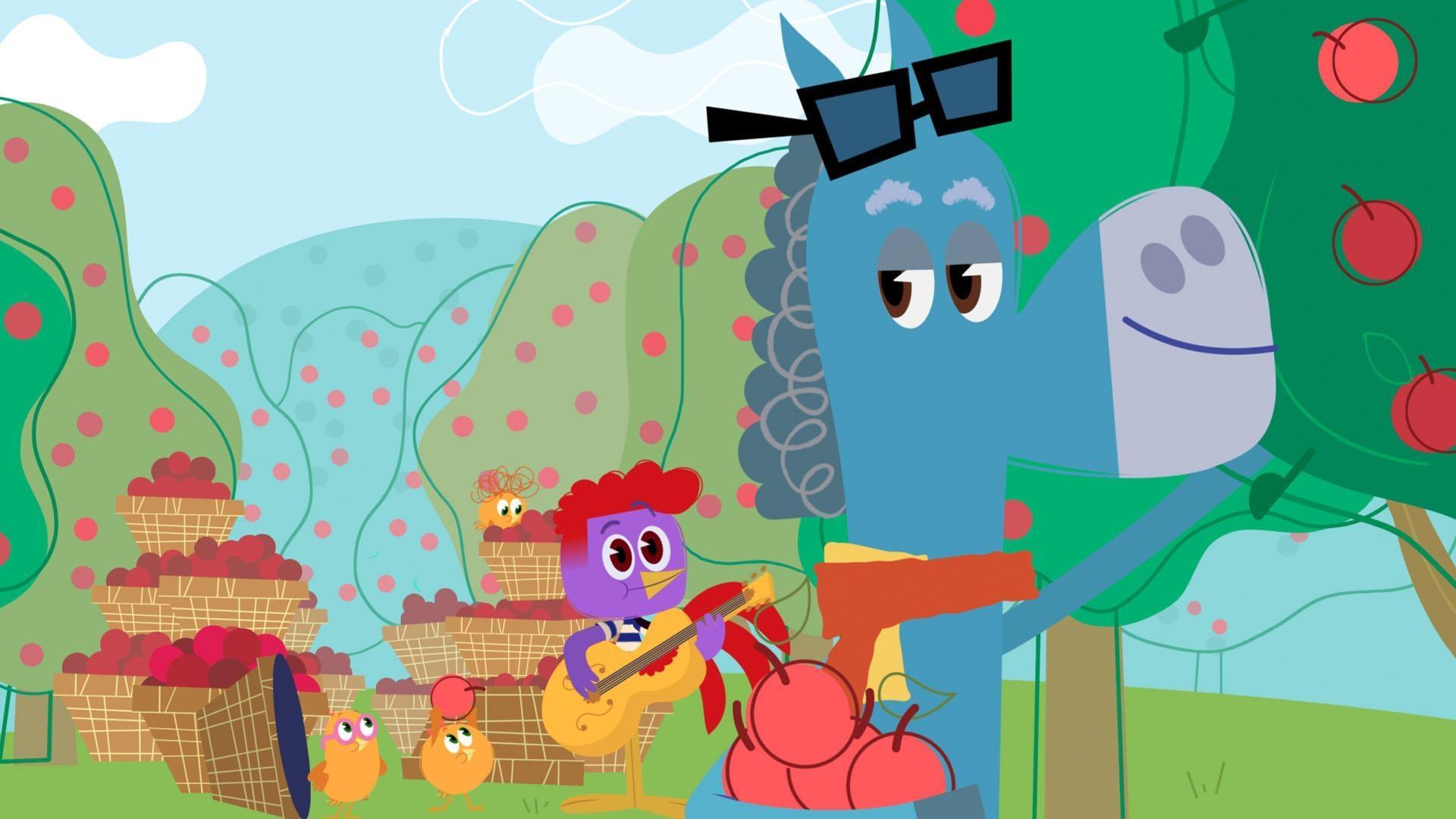 Rooster's friend Mules is never in a bad mood when picking apples and playing jazz!