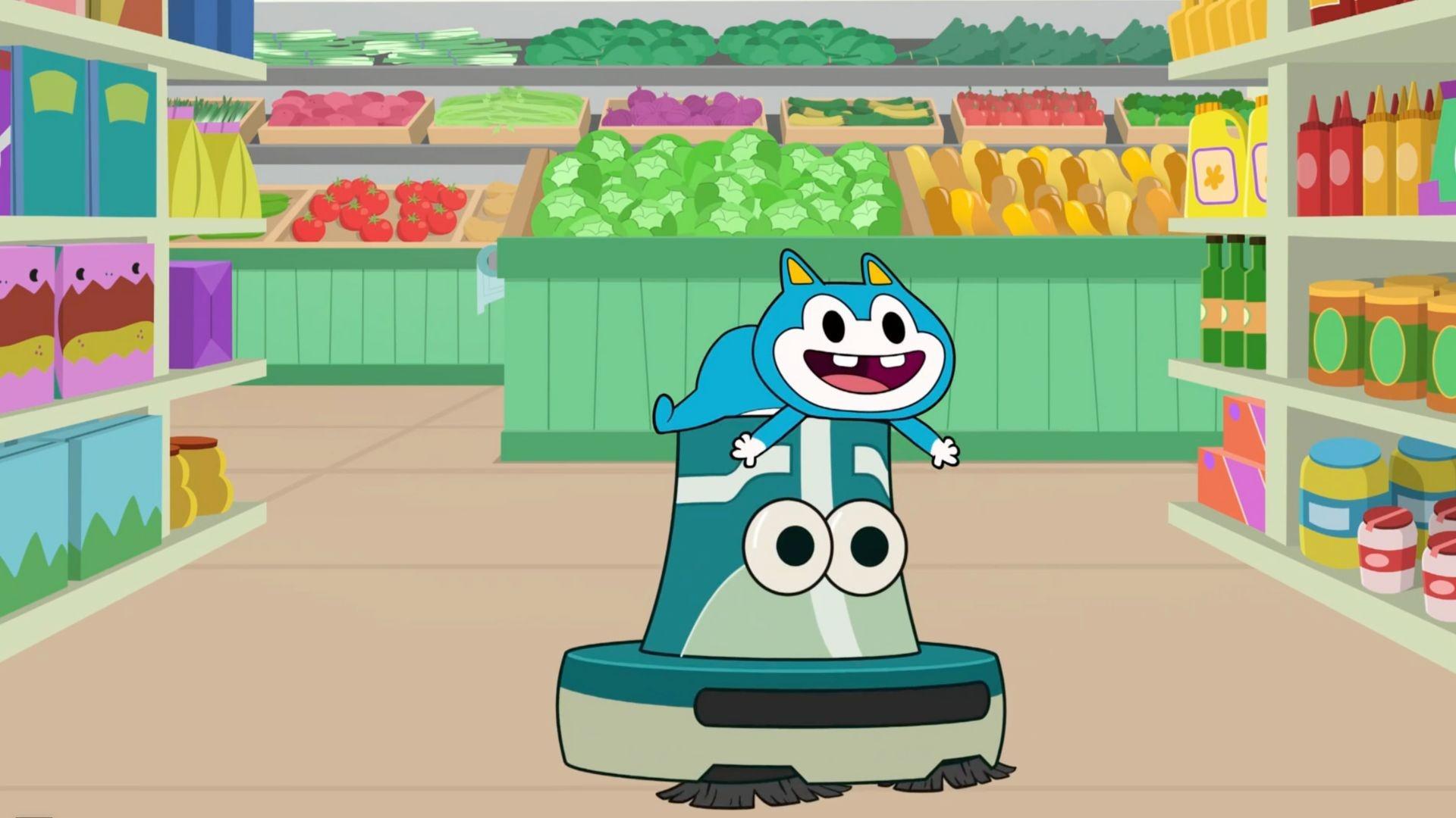 Stu befriends the grocery store robot.