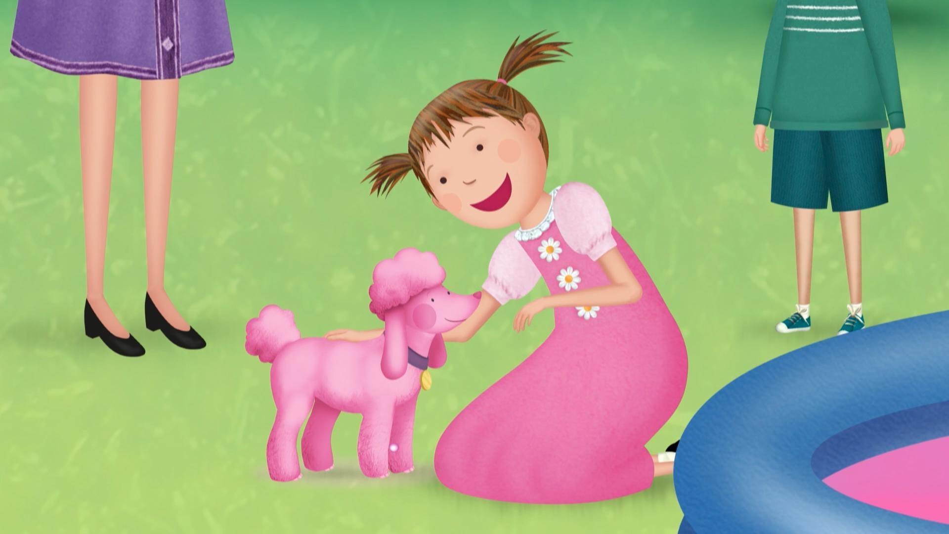 Pinkalicious hosts a Princess of Pink slumber party. / Pinkalicious dog sits.