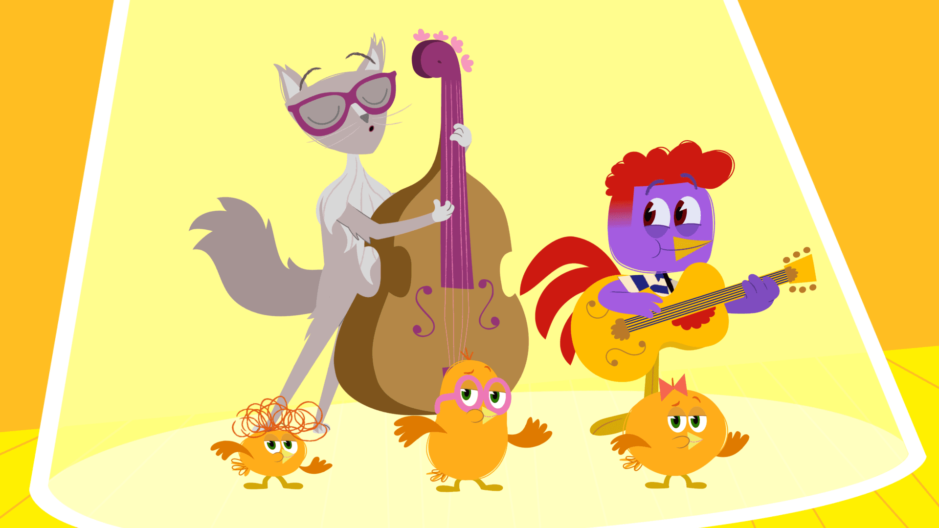 Rooster and the Chick-a-Dees meet Kitty Shook, who plays the upright bass.