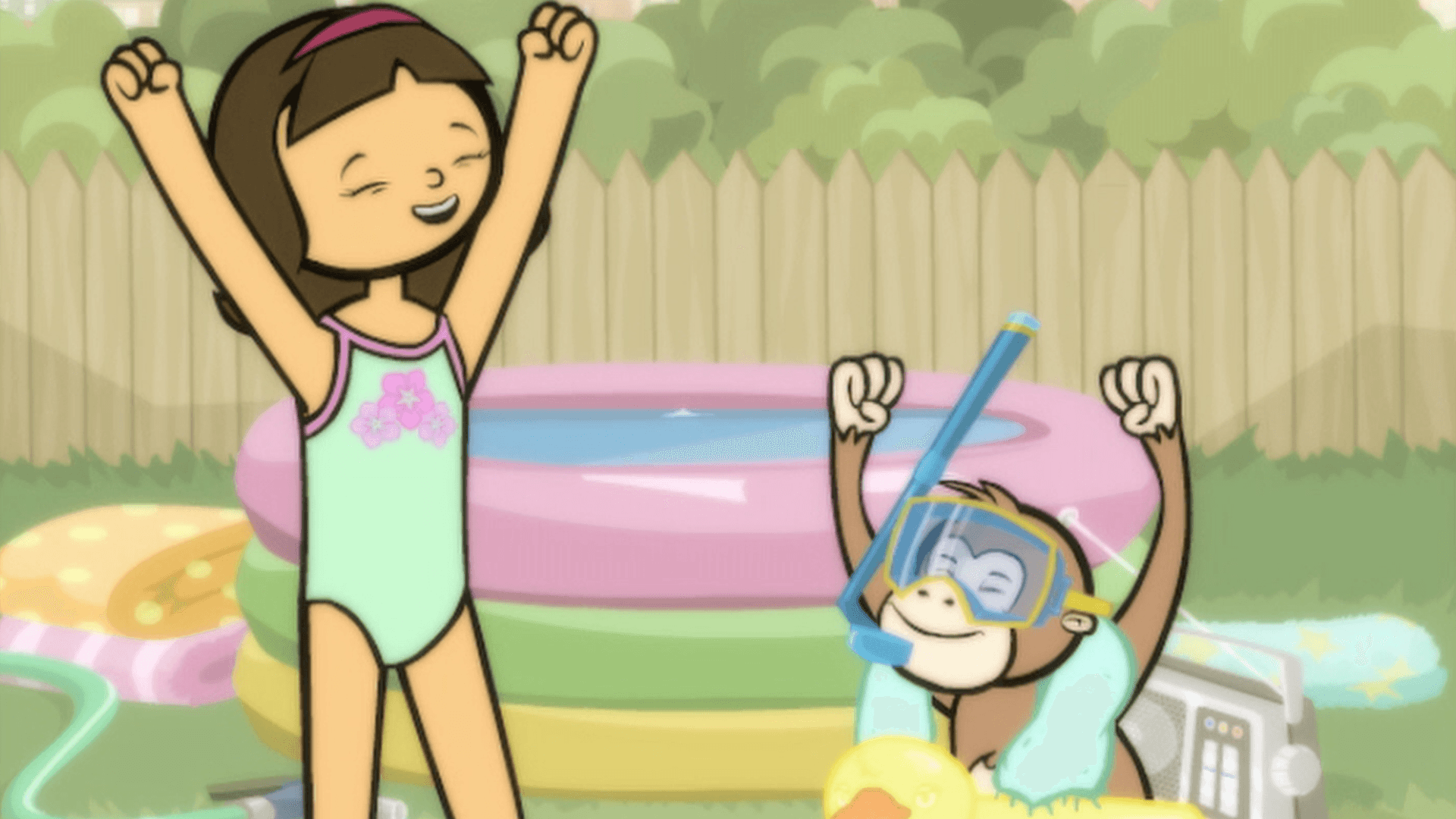 WordGirl does battle with Tobey./GrannyMay uses her air-conditioned jetpack/suit of armor.