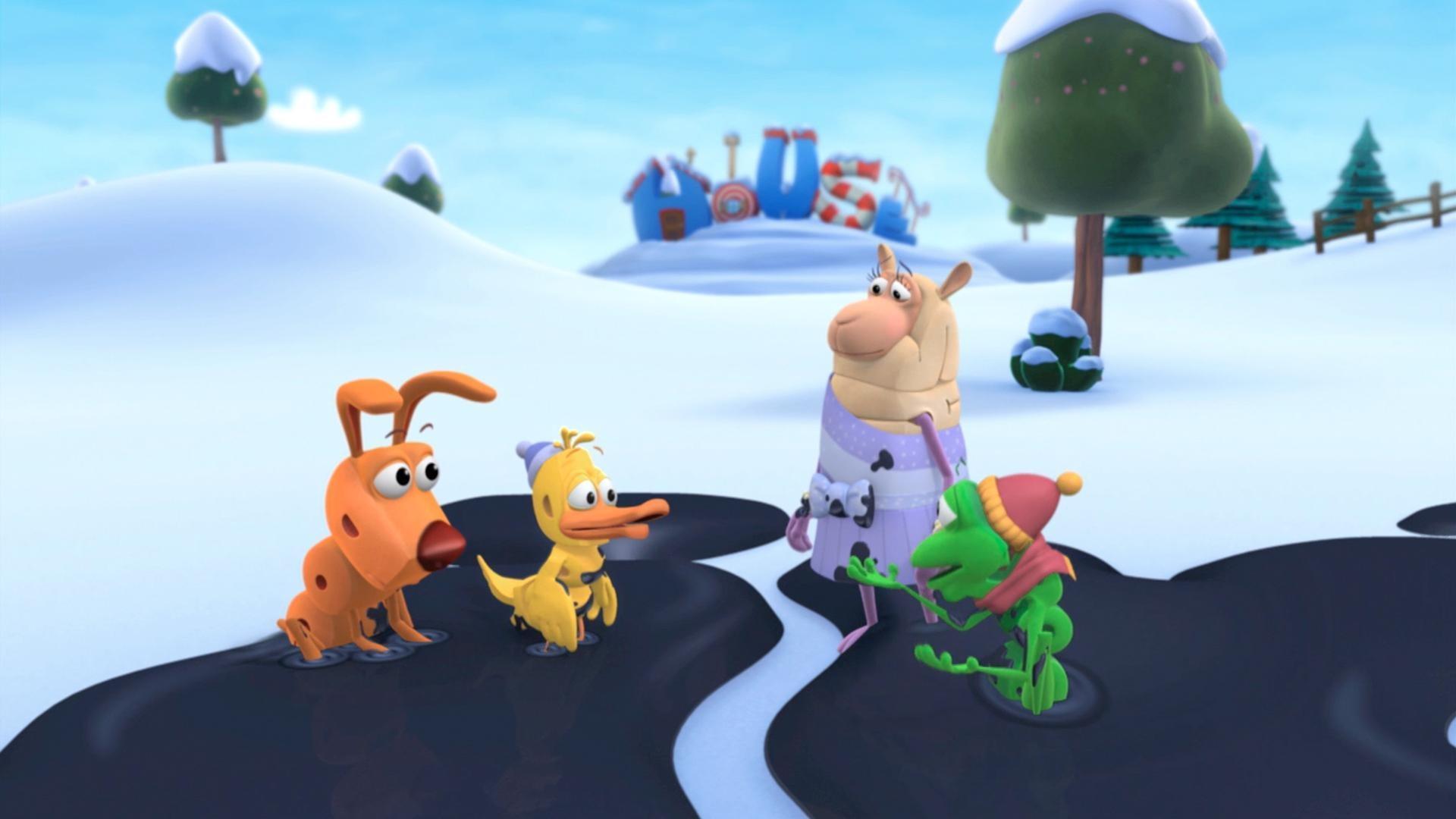 Duck and Dog break the ice skating rink. / Duck searches for his missing letter X.