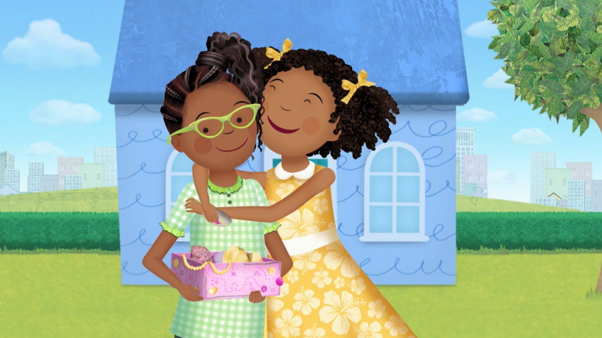 Pinkalicious and Jasmine can't stop giggling./Pinkalicious paints rocks!