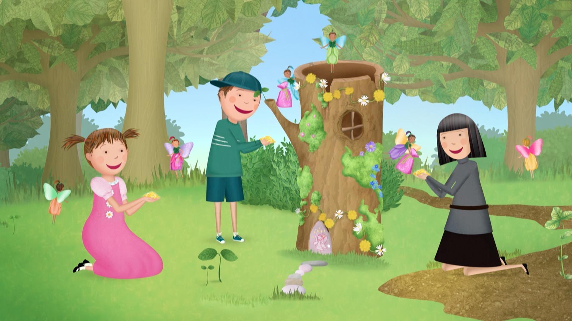 The kids build a fairy house. / The kids create Robotta, a robot that can do anything!