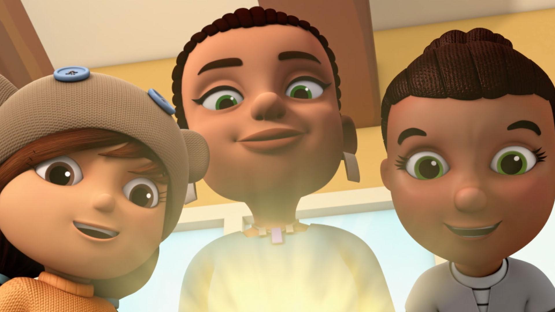 Dr. Skelley shows Mindy and Sydney her Commander Cressida Issue No. 1 copy.