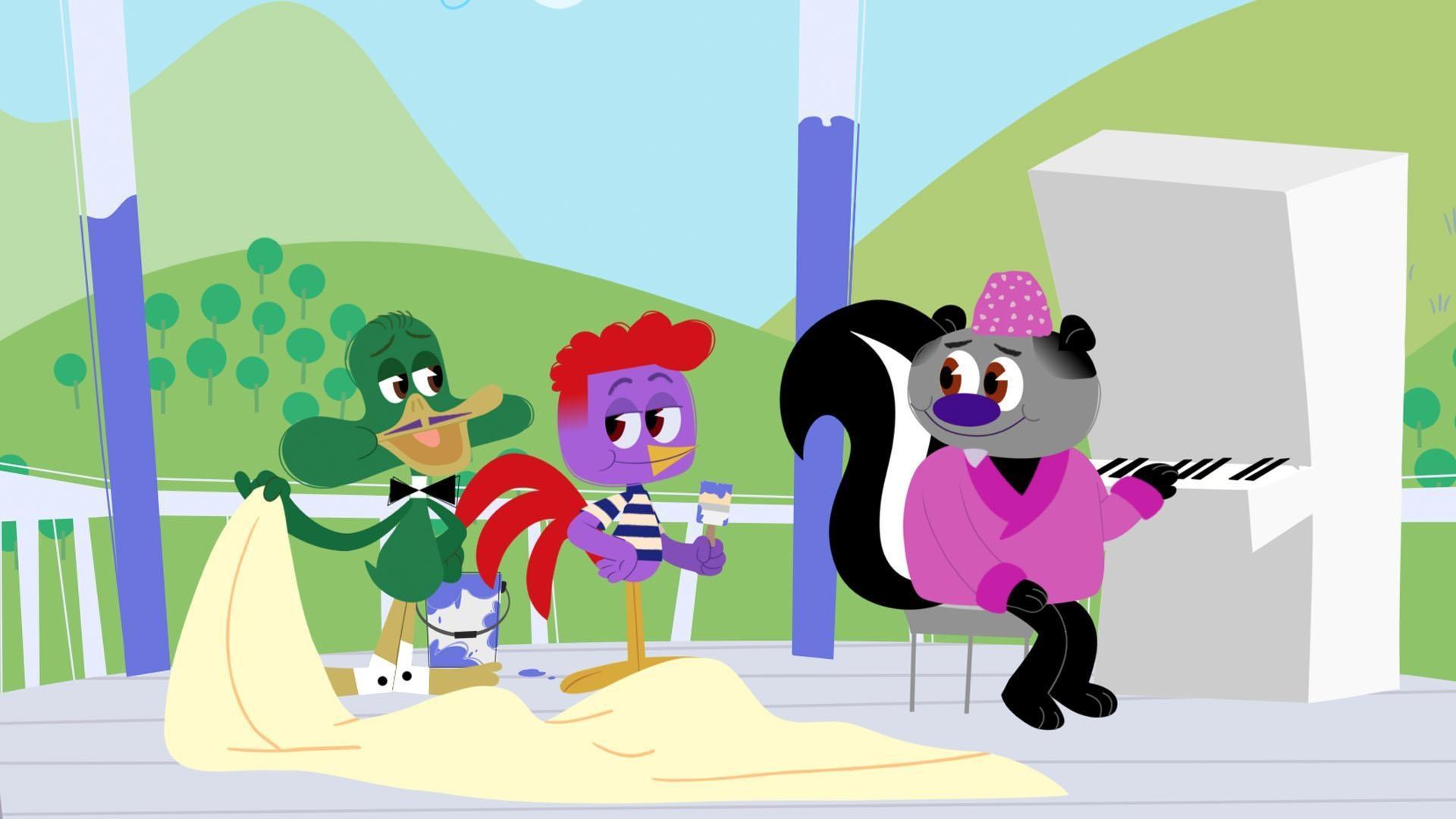 Rooster, Duck, and Thelonious learn that a fast Ragtime song can help work go quicker!