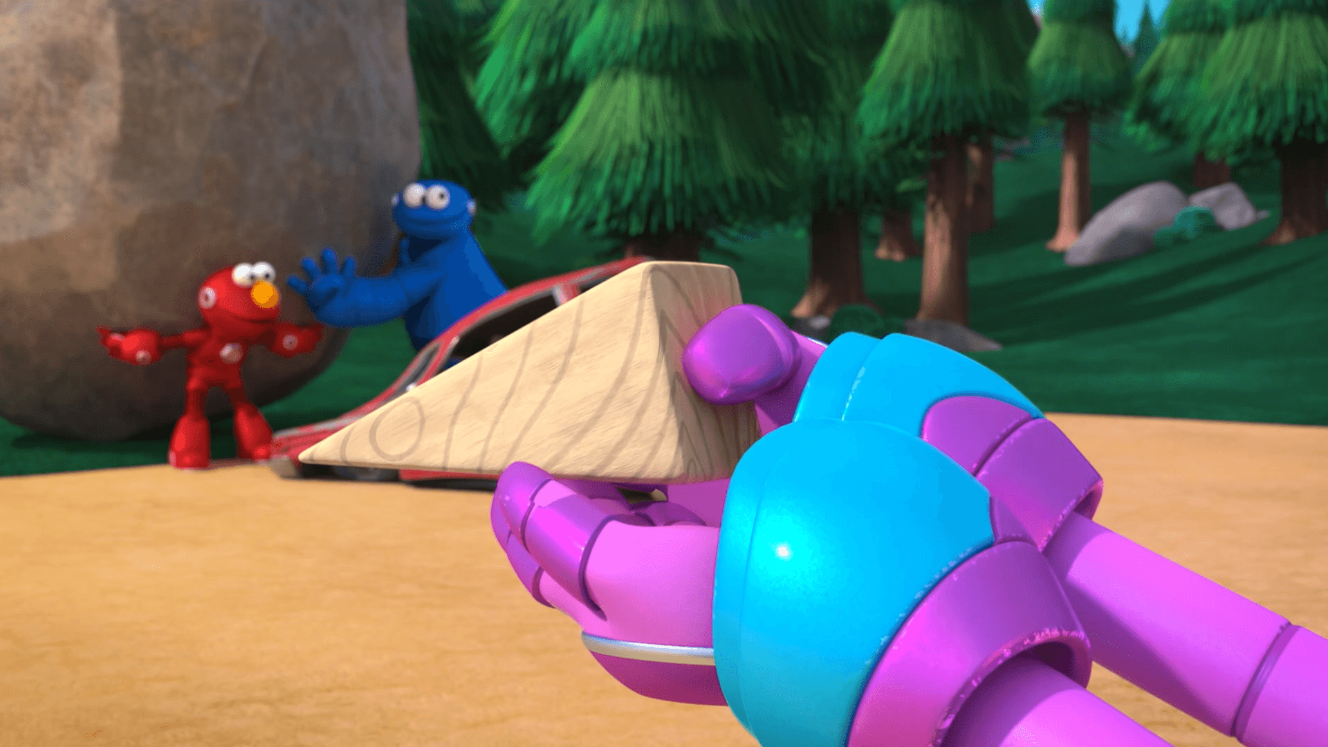 Mecha Elmo using his tools to make a wedge.