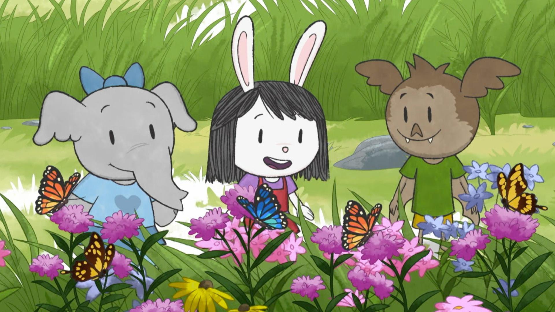 Olive wants to have a party with real butterflies! / The kids learn about spiderwebs.