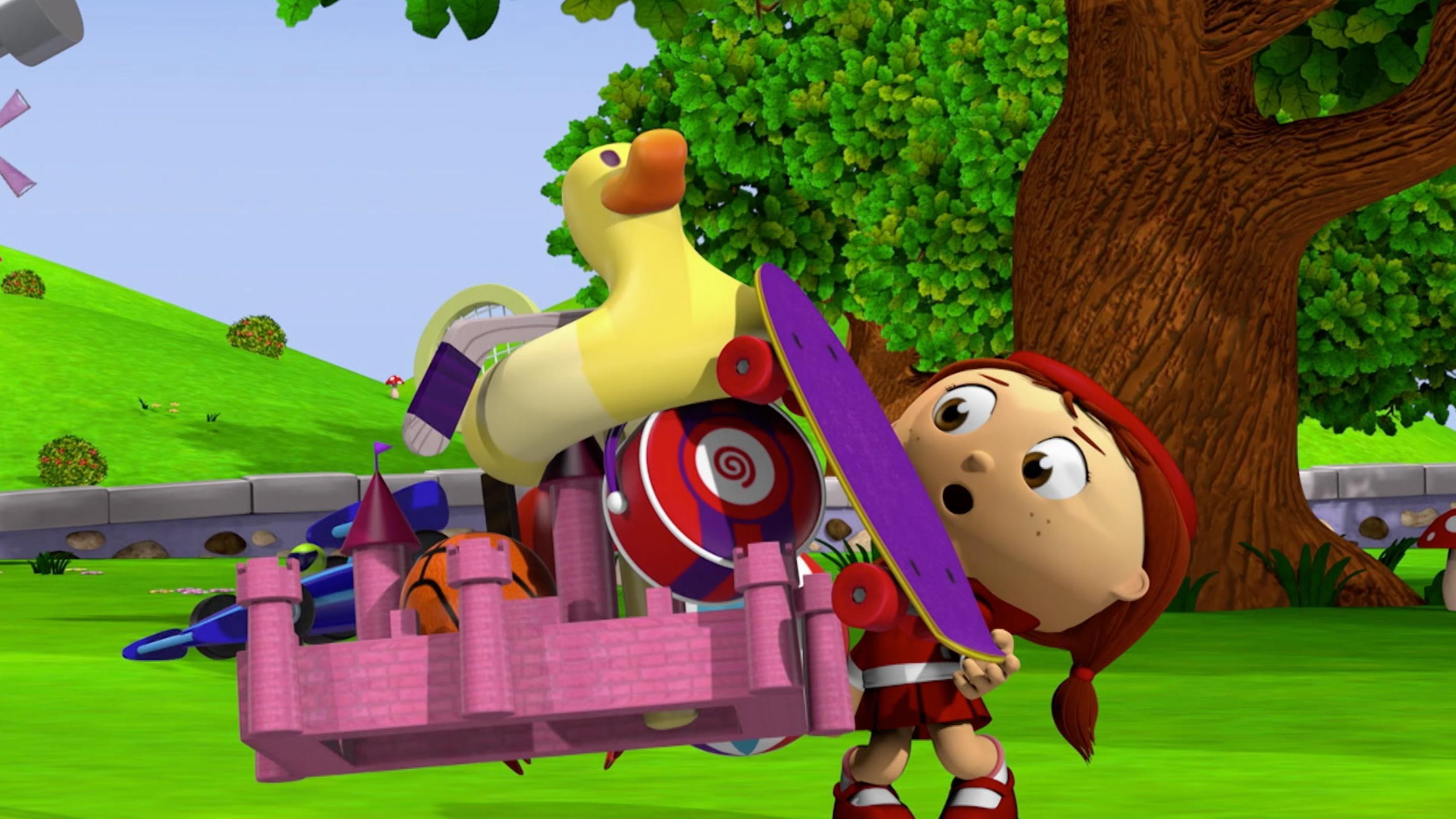 Red wants to bring all of her toys to the park, but she can't hold them all.