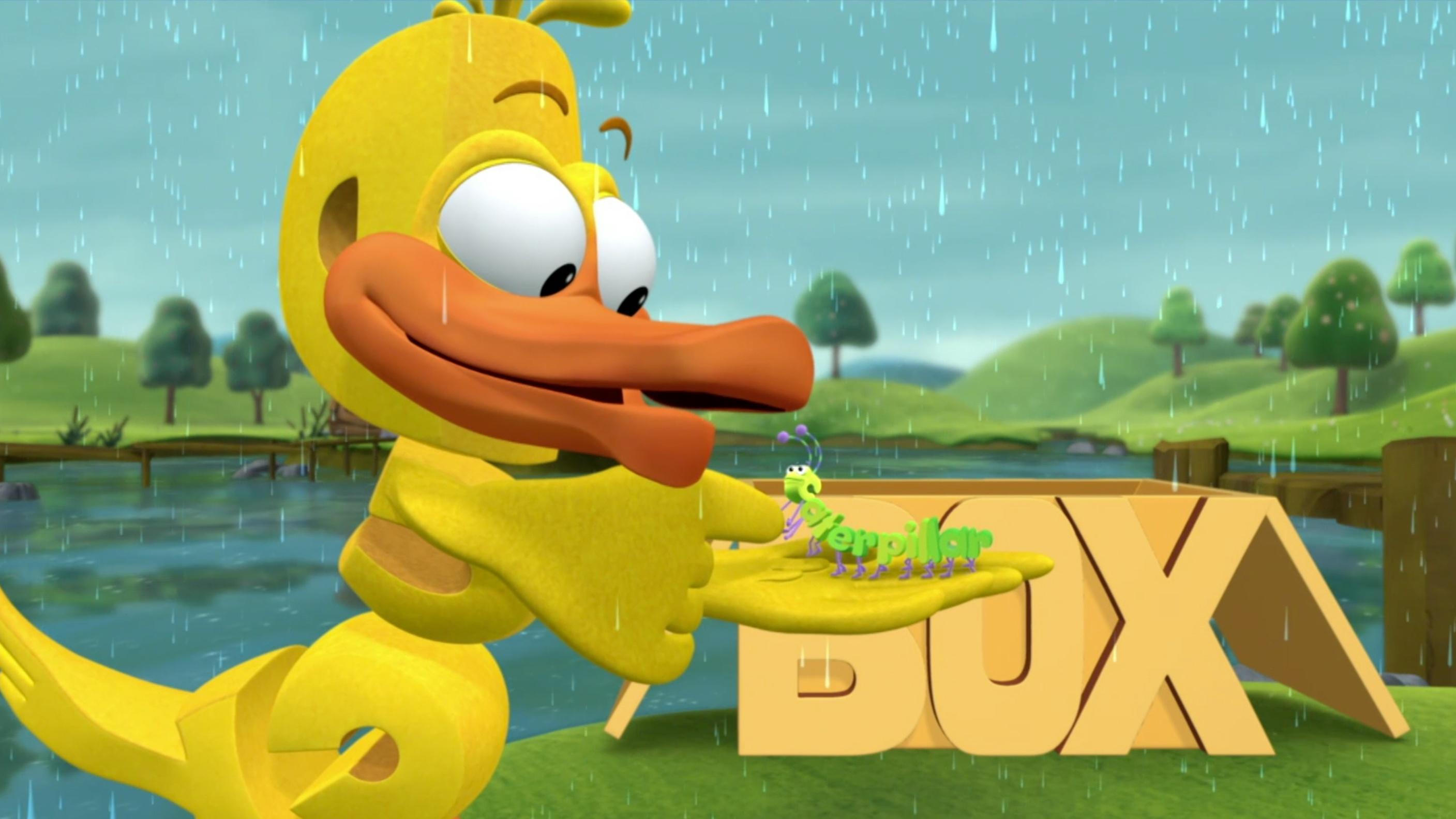 Duck accidentally crashes into Spider’s web. / Duck helps Caterpillar build a home.