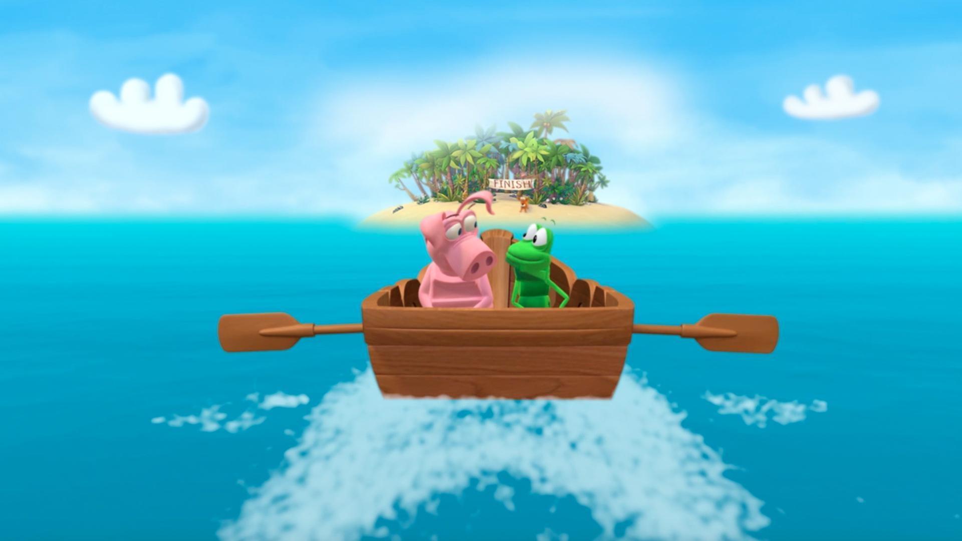Pig and Frog go on a race to Mystery Island. / Duck gets a case of stage fright.