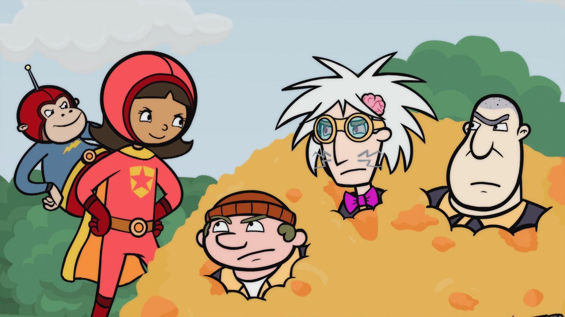 Soccer teams battle on the field. / Ms. Question blackmails everyone, including WordGirl.