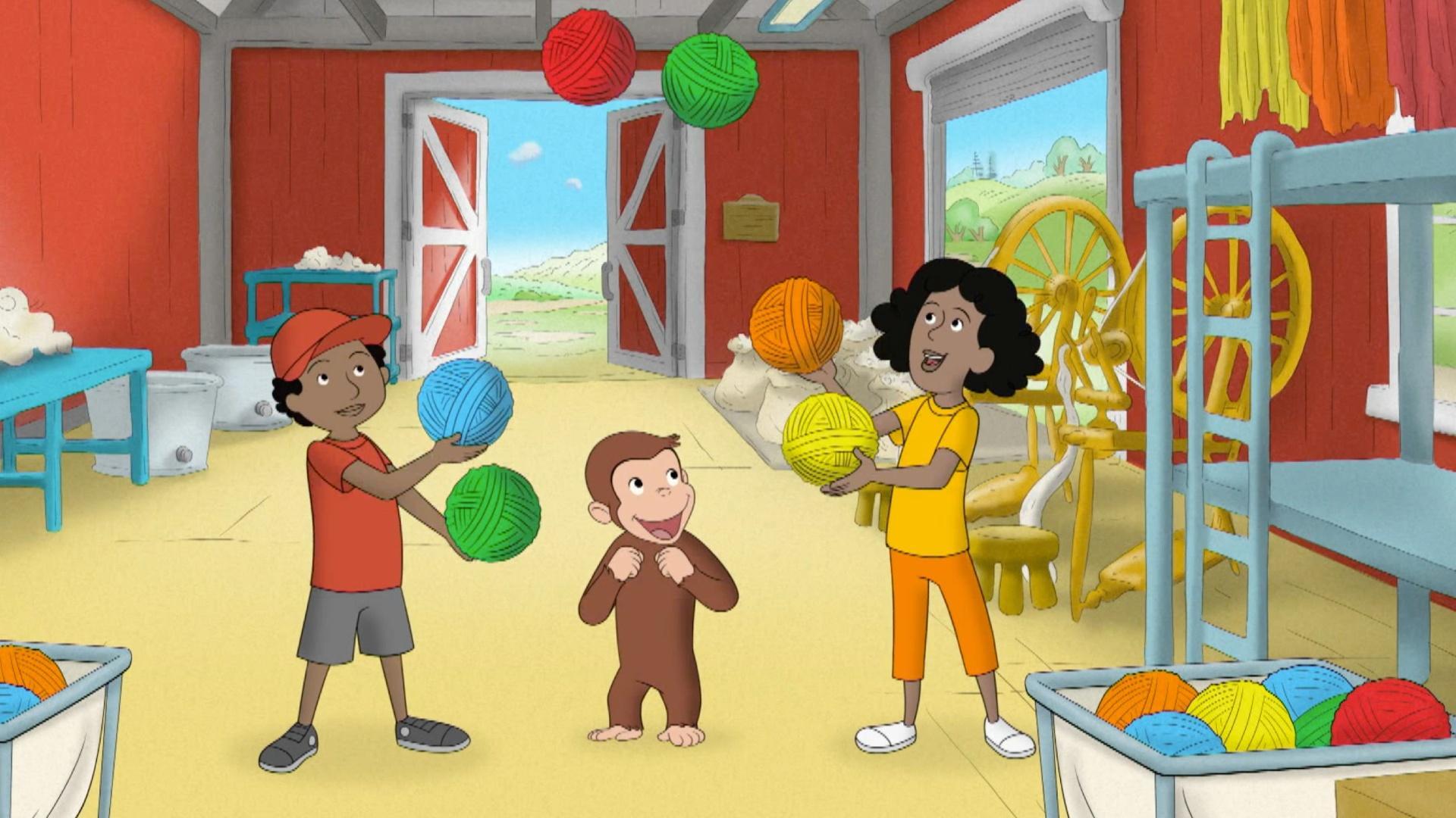 A goat eats the Man in the Yellow Hat's scarf. / George learns about making snow.