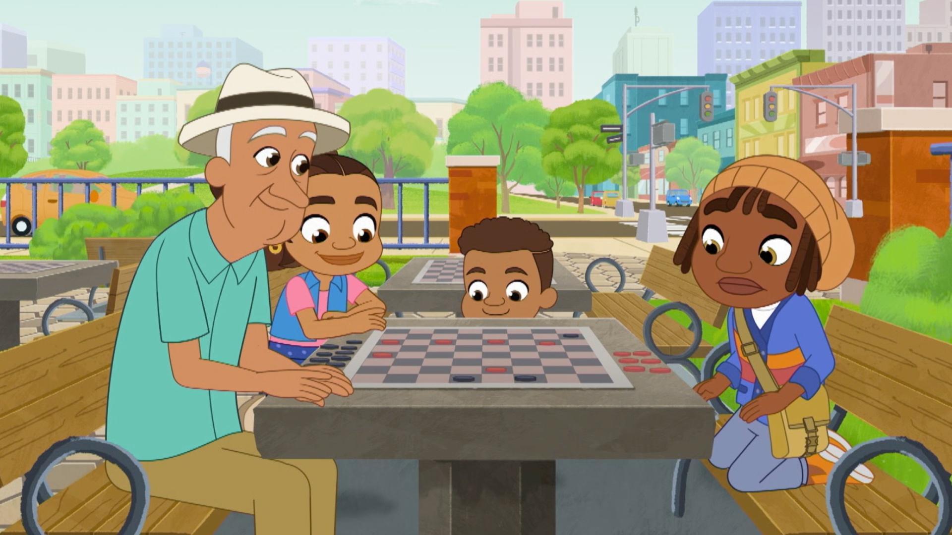 Alma helps André get ready for a checkers tournament. / Alma and Rafia compete.