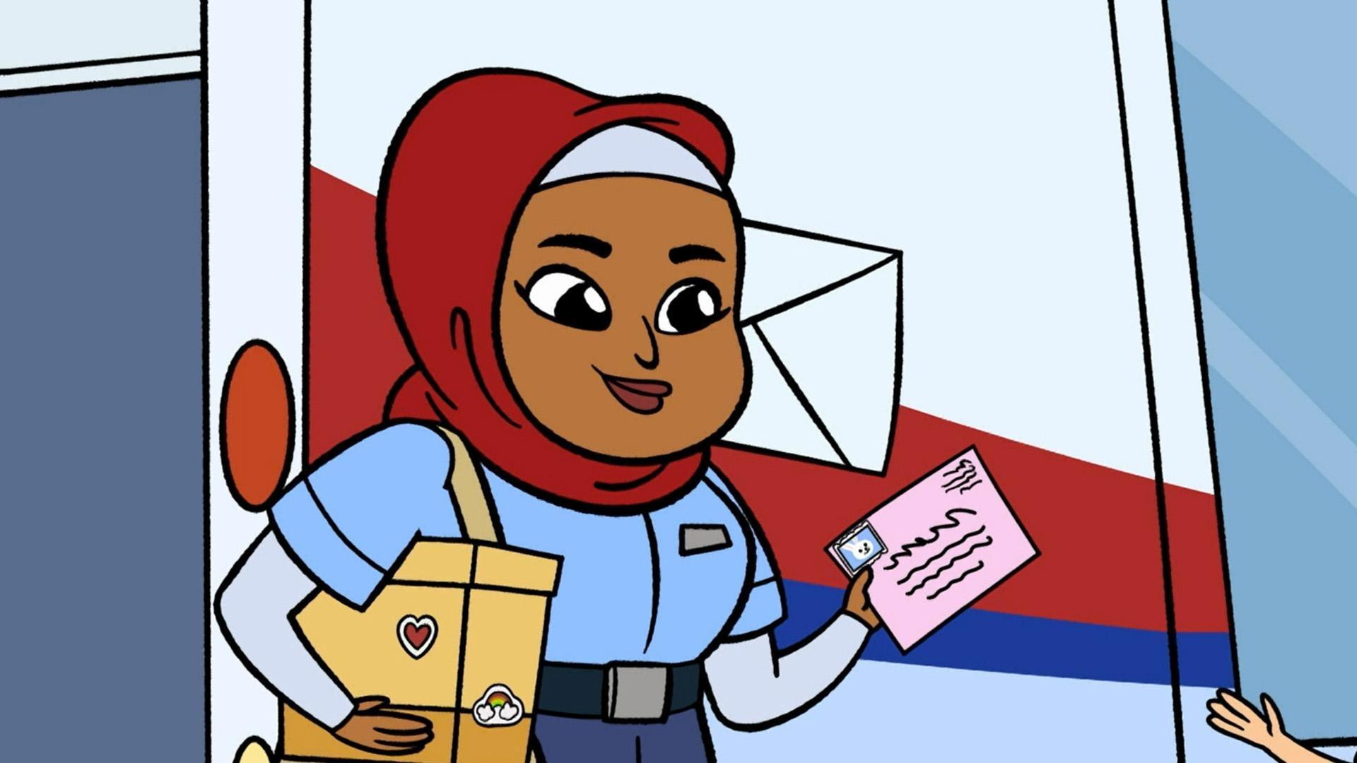 The mail carrier picks up Rosie's letter to Abuela.